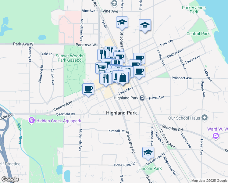 map of restaurants, bars, coffee shops, grocery stores, and more near 1777 Green Bay Road in Highland Park
