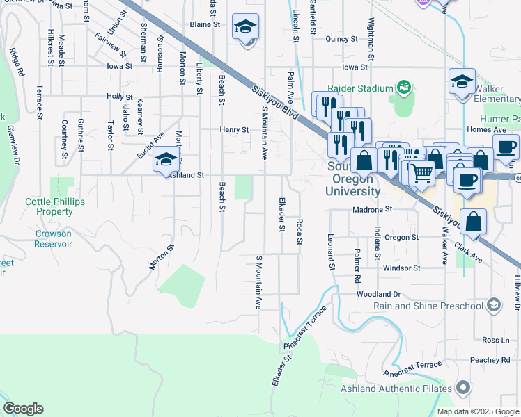 map of restaurants, bars, coffee shops, grocery stores, and more near 625 South Mountain Avenue in Ashland