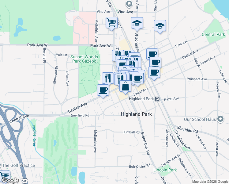 map of restaurants, bars, coffee shops, grocery stores, and more near 760 Central Avenue in Highland Park