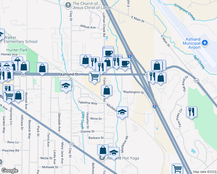 map of restaurants, bars, coffee shops, grocery stores, and more near 600 Tolman Creek Rd in Ashland