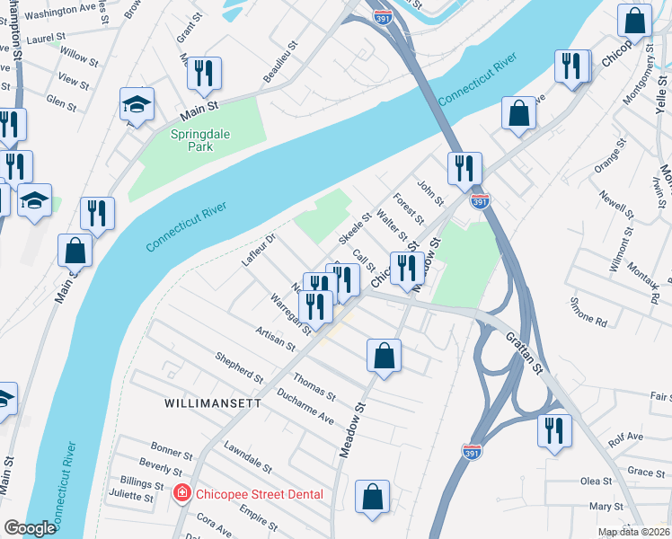 map of restaurants, bars, coffee shops, grocery stores, and more near 71 Ferry Street in Chicopee