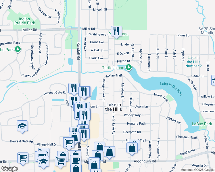 map of restaurants, bars, coffee shops, grocery stores, and more near 467 Village Creek Drive in Lake in the Hills