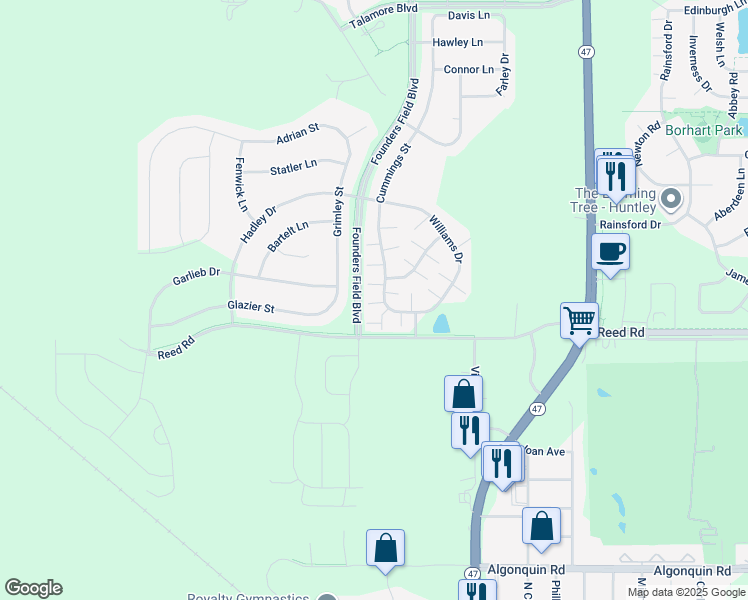map of restaurants, bars, coffee shops, grocery stores, and more near 9950 Cummings Street in Huntley