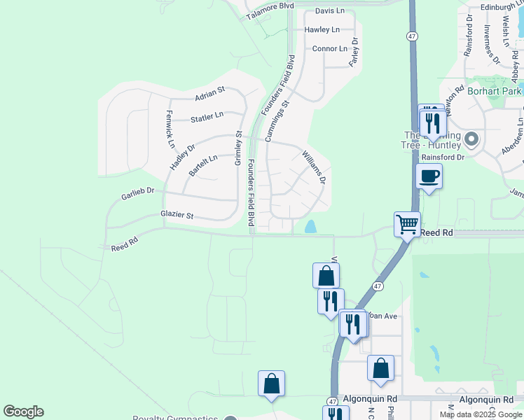 map of restaurants, bars, coffee shops, grocery stores, and more near 9950 Cummings Street in Huntley