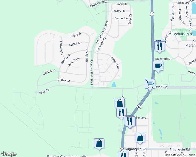 map of restaurants, bars, coffee shops, grocery stores, and more near 10011 Cummings Street in Huntley