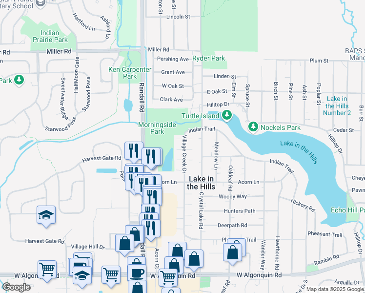 map of restaurants, bars, coffee shops, grocery stores, and more near 442 Village Creek Drive in Lake in the Hills