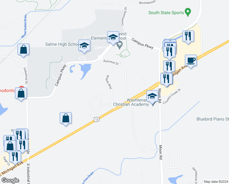 map of restaurants, bars, coffee shops, grocery stores, and more near 7141 Wapiti Way in Saline