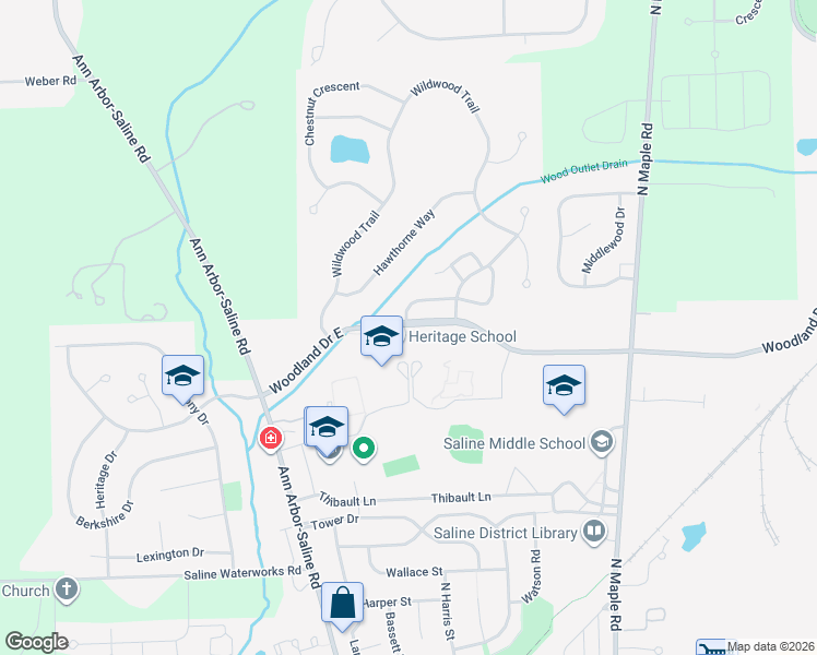 map of restaurants, bars, coffee shops, grocery stores, and more near 290 Woodland Drive East in Saline