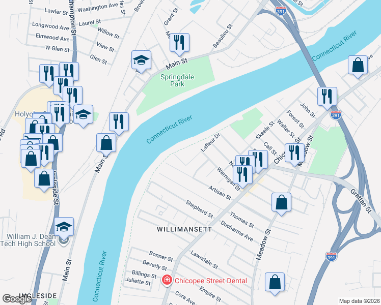 map of restaurants, bars, coffee shops, grocery stores, and more near 565 Lafleur Drive in Chicopee