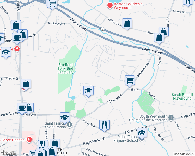 map of restaurants, bars, coffee shops, grocery stores, and more near 114 Burkhall Street in Weymouth