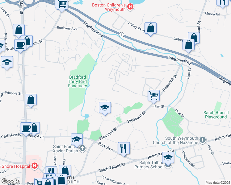 map of restaurants, bars, coffee shops, grocery stores, and more near 114 Burkhall Street in Weymouth