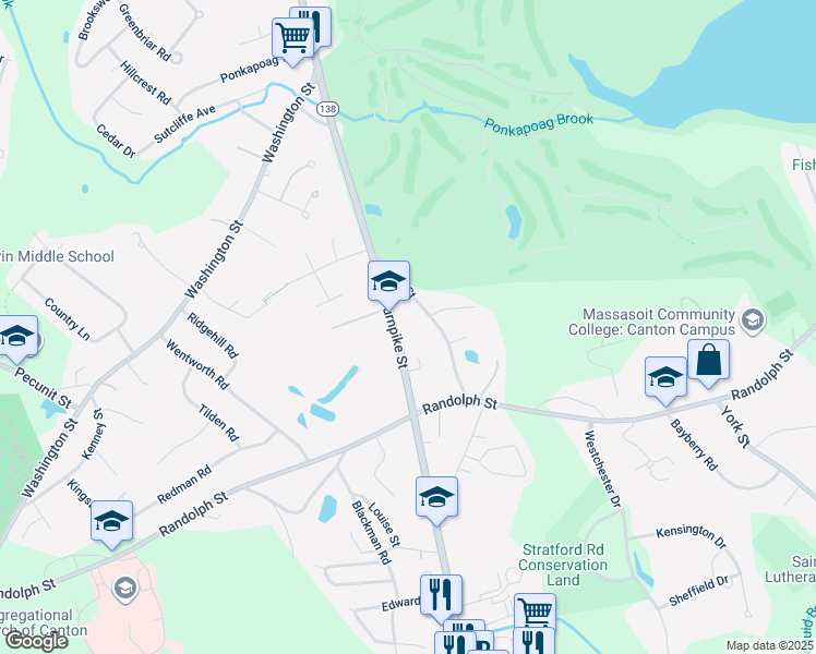 map of restaurants, bars, coffee shops, grocery stores, and more near 42 Farm Street in Canton