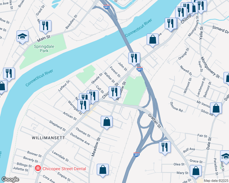 map of restaurants, bars, coffee shops, grocery stores, and more near 76 Meadow Street in Chicopee