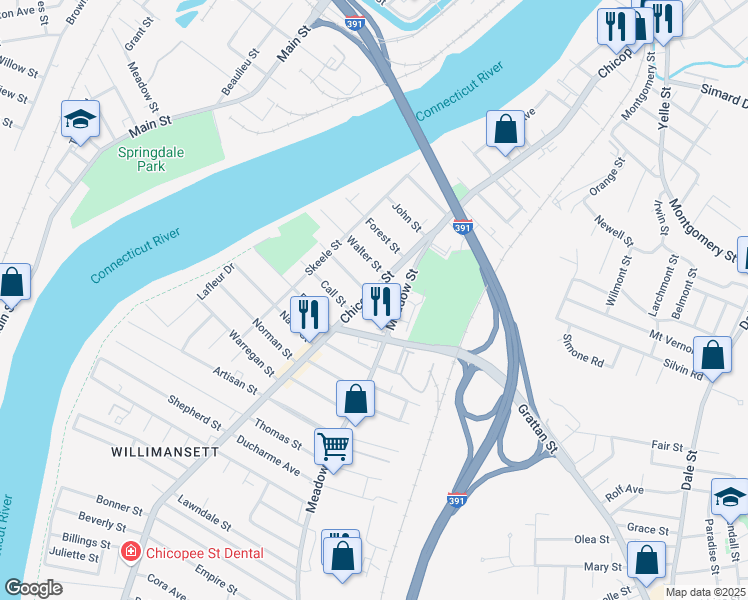 map of restaurants, bars, coffee shops, grocery stores, and more near 19 Bemis Street in Chicopee