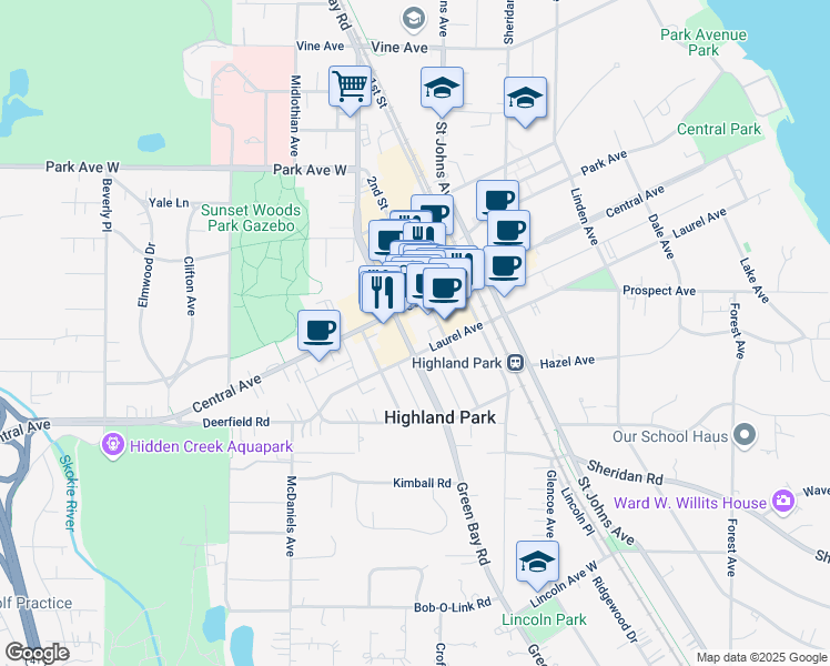 map of restaurants, bars, coffee shops, grocery stores, and more near 1774 2nd Street in Highland Park