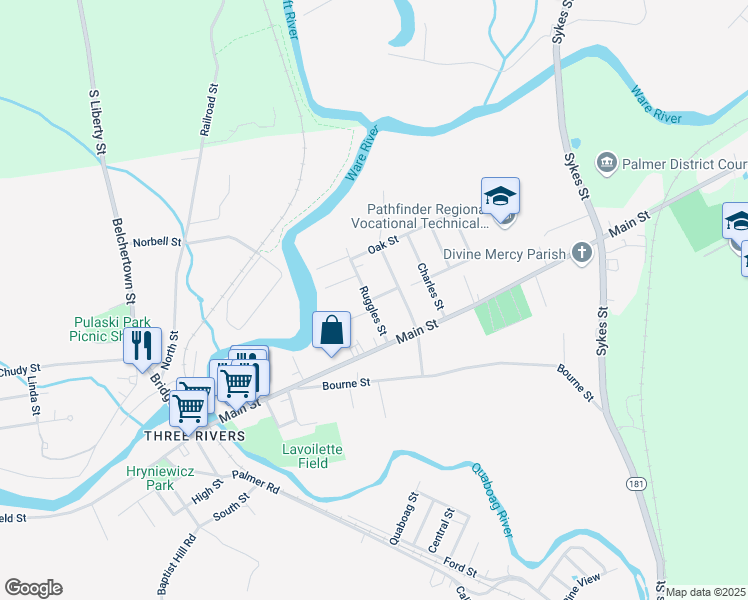 map of restaurants, bars, coffee shops, grocery stores, and more near 31 Ruggles Street in Palmer