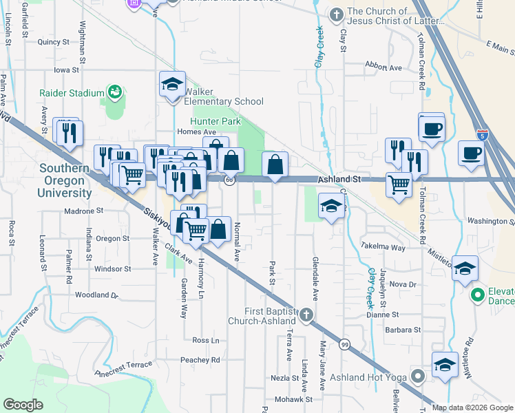 map of restaurants, bars, coffee shops, grocery stores, and more near 620 Sherwood Street in Ashland