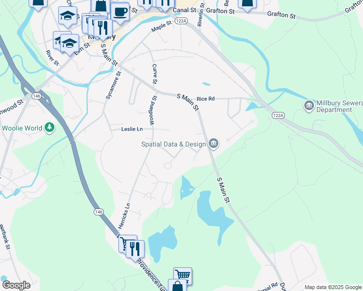 map of restaurants, bars, coffee shops, grocery stores, and more near 12 Forest Drive in Millbury
