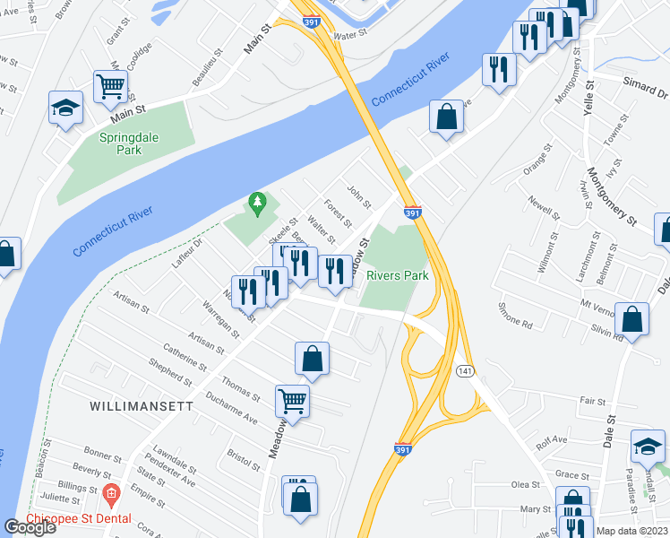 map of restaurants, bars, coffee shops, grocery stores, and more near 19 Hope Street in Chicopee