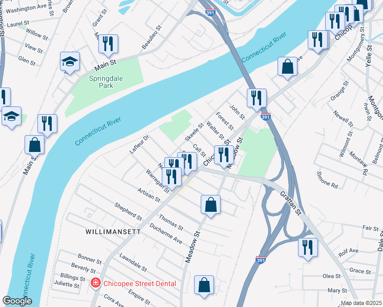 map of restaurants, bars, coffee shops, grocery stores, and more near 34 Ferry Street in Chicopee
