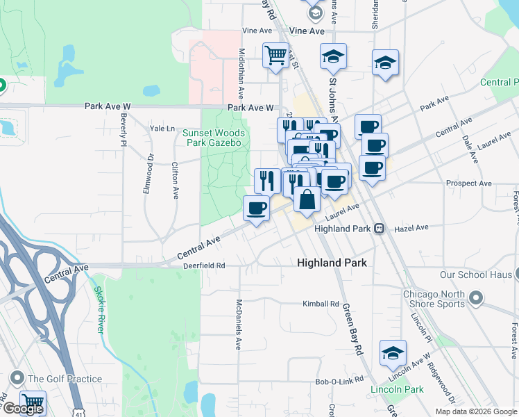 map of restaurants, bars, coffee shops, grocery stores, and more near 716 Central Avenue in Highland Park