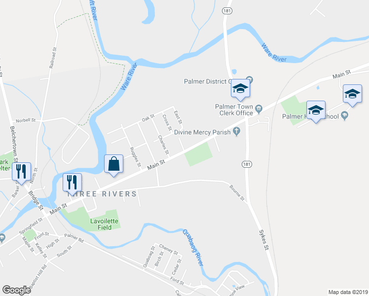 map of restaurants, bars, coffee shops, grocery stores, and more near 2282 Main Street in Palmer