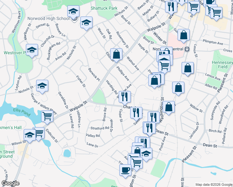 map of restaurants, bars, coffee shops, grocery stores, and more near 50 Harding Road in Norwood