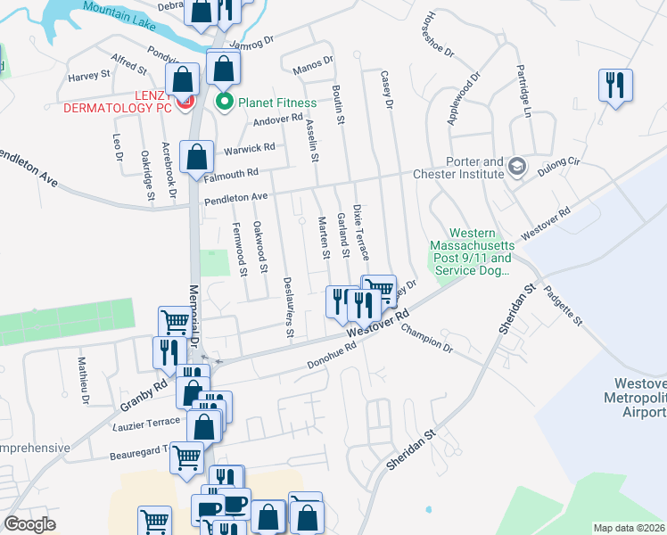 map of restaurants, bars, coffee shops, grocery stores, and more near 86 Marten Street in Chicopee