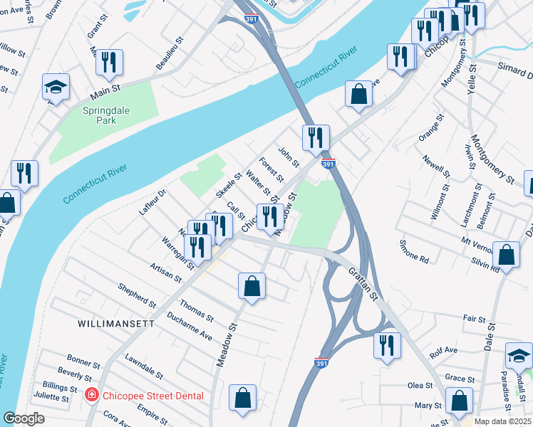 map of restaurants, bars, coffee shops, grocery stores, and more near 19 Bemis Street in Chicopee