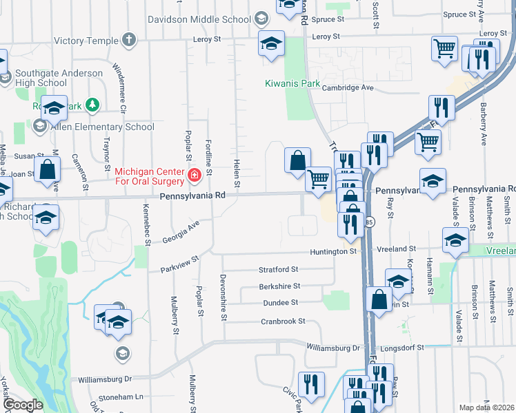 map of restaurants, bars, coffee shops, grocery stores, and more near 14241 Pennsylvania Road in Riverview