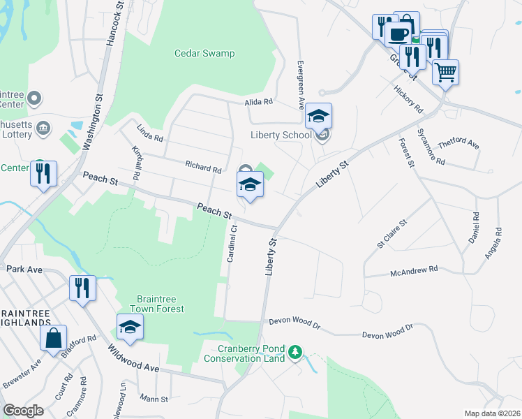 map of restaurants, bars, coffee shops, grocery stores, and more near 232 Peach Street in Braintree
