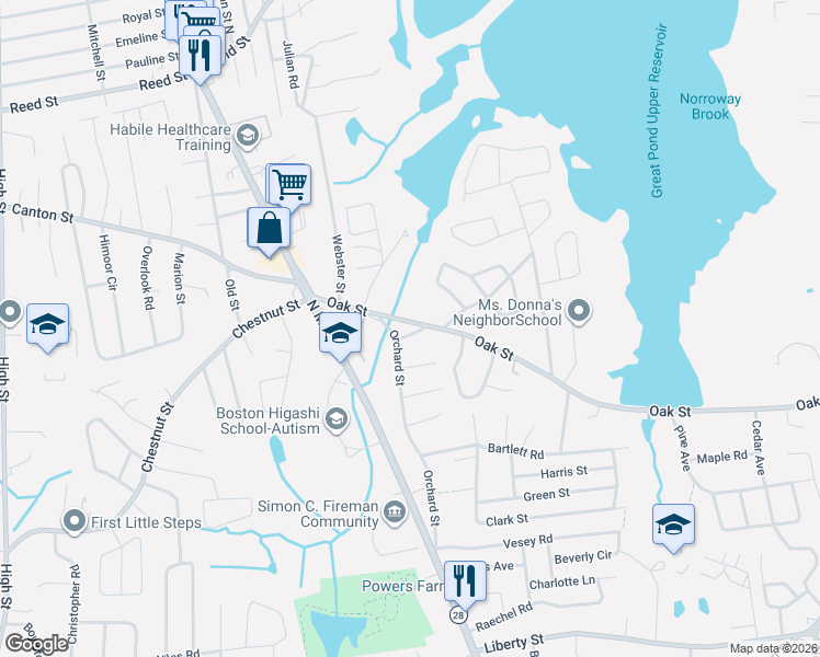 map of restaurants, bars, coffee shops, grocery stores, and more near 48 Oak Street in Randolph