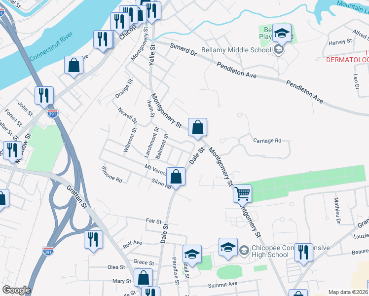 map of restaurants, bars, coffee shops, grocery stores, and more near 12 Arlmont Street in Chicopee