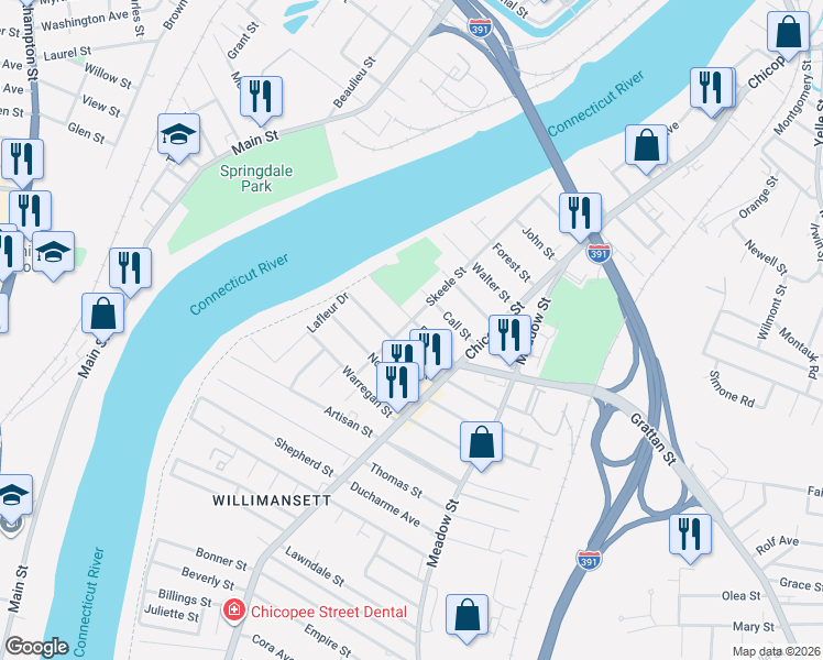 map of restaurants, bars, coffee shops, grocery stores, and more near 71 Ferry Street in Chicopee