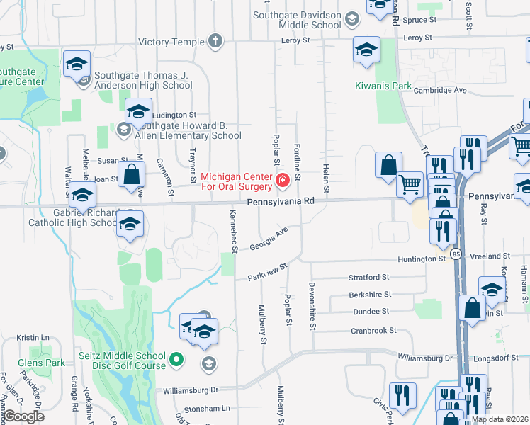 map of restaurants, bars, coffee shops, grocery stores, and more near 14601 Pennsylvania Road in Riverview