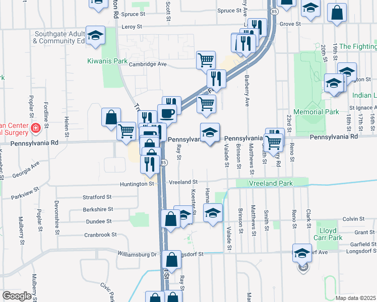 map of restaurants, bars, coffee shops, grocery stores, and more near 13333 Pennsylvania Road in Riverview