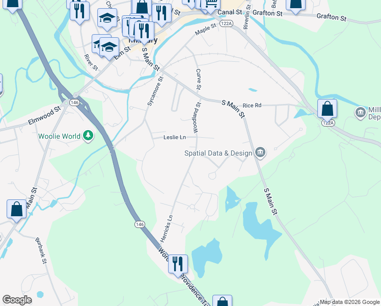 map of restaurants, bars, coffee shops, grocery stores, and more near 24 Woodland Street in Millbury