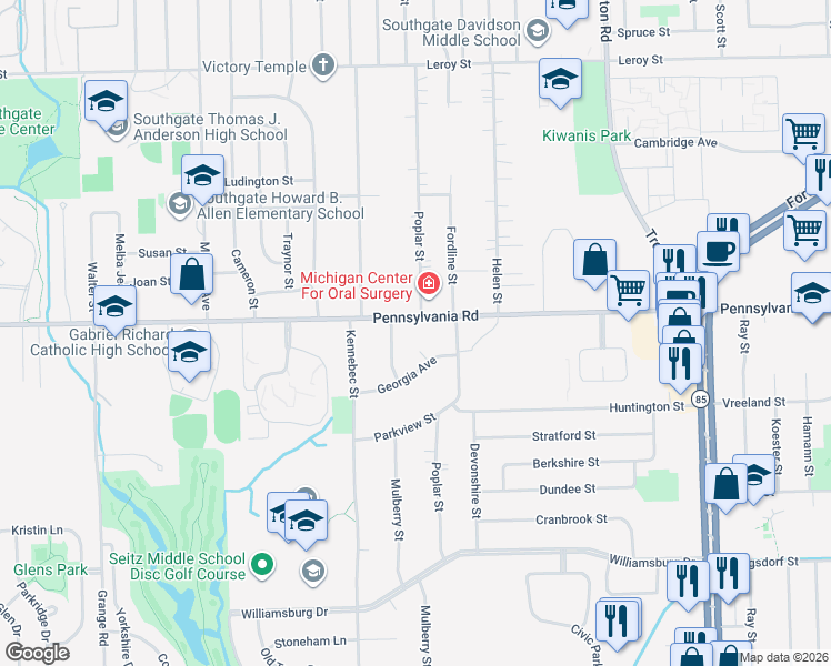 map of restaurants, bars, coffee shops, grocery stores, and more near 14601 Pennsylvania Road in Riverview