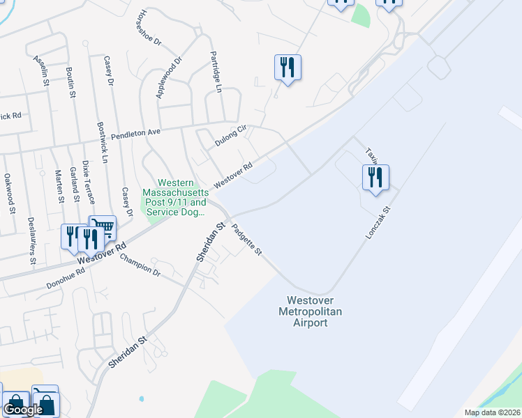 map of restaurants, bars, coffee shops, grocery stores, and more near 1144 Sheridan Street in Chicopee