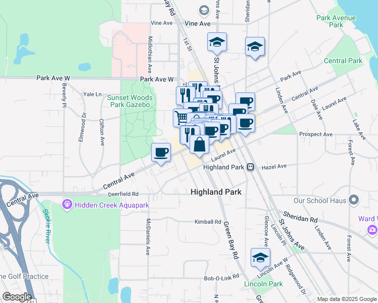 map of restaurants, bars, coffee shops, grocery stores, and more near 696 Central Avenue in Highland Park
