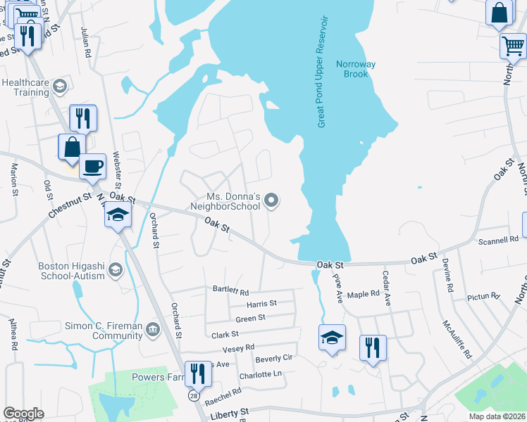 map of restaurants, bars, coffee shops, grocery stores, and more near 15 Reservoir Drive in Randolph