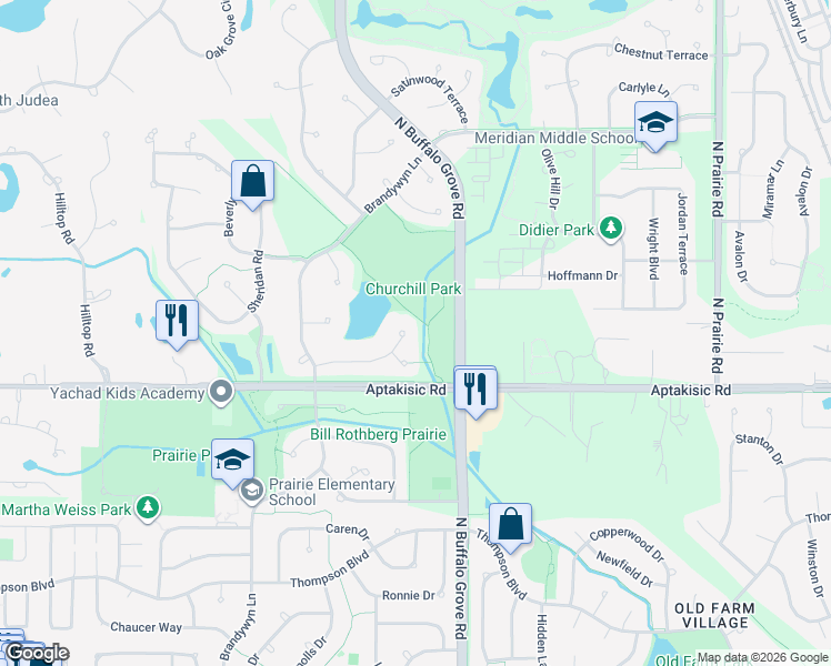 map of restaurants, bars, coffee shops, grocery stores, and more near 563 Coventry Lane in Buffalo Grove