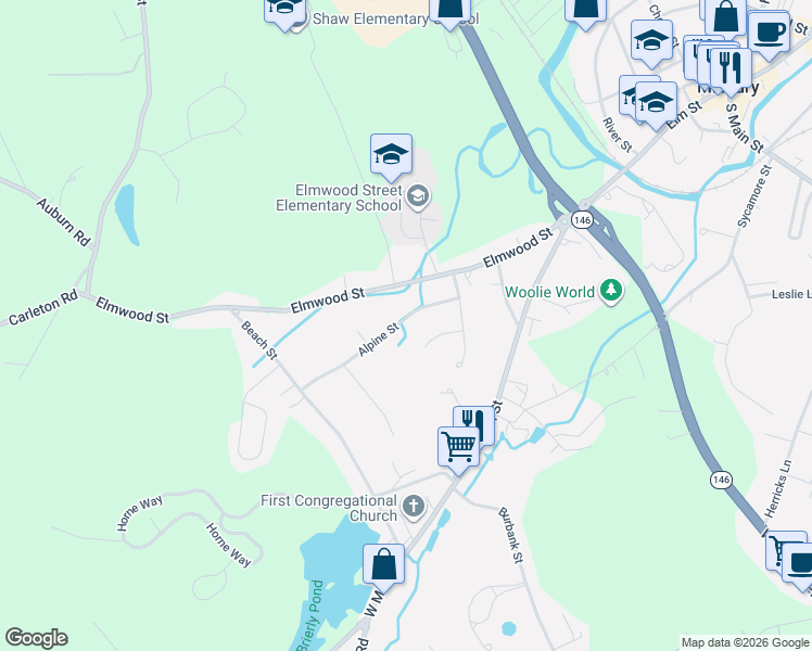 map of restaurants, bars, coffee shops, grocery stores, and more near 16 Alpine Street in Millbury