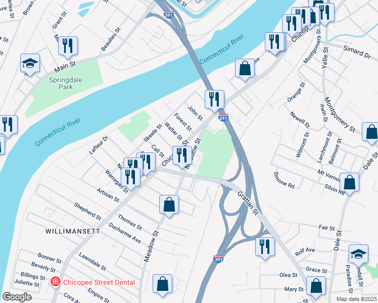 map of restaurants, bars, coffee shops, grocery stores, and more near 76 Meadow Street in Chicopee