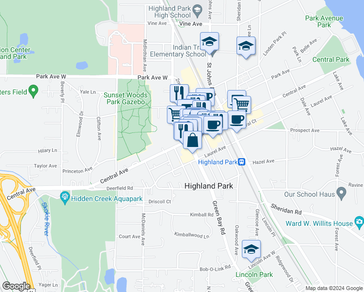 map of restaurants, bars, coffee shops, grocery stores, and more near 696 Central Avenue in Highland Park