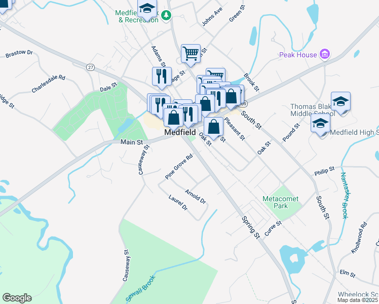 map of restaurants, bars, coffee shops, grocery stores, and more near 15 Spring Street in Medfield