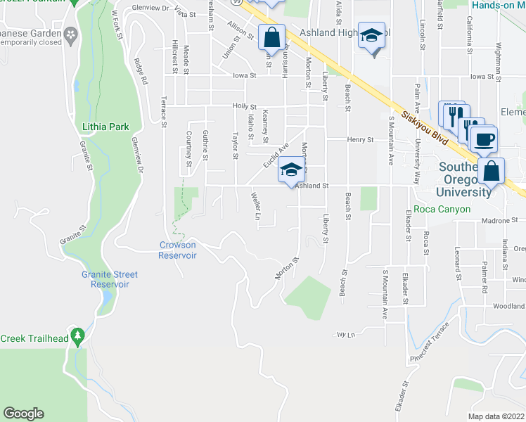 map of restaurants, bars, coffee shops, grocery stores, and more near 575 Weller Lane in Ashland