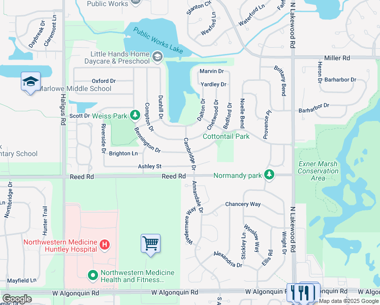 map of restaurants, bars, coffee shops, grocery stores, and more near Cambridge Drive in Huntley