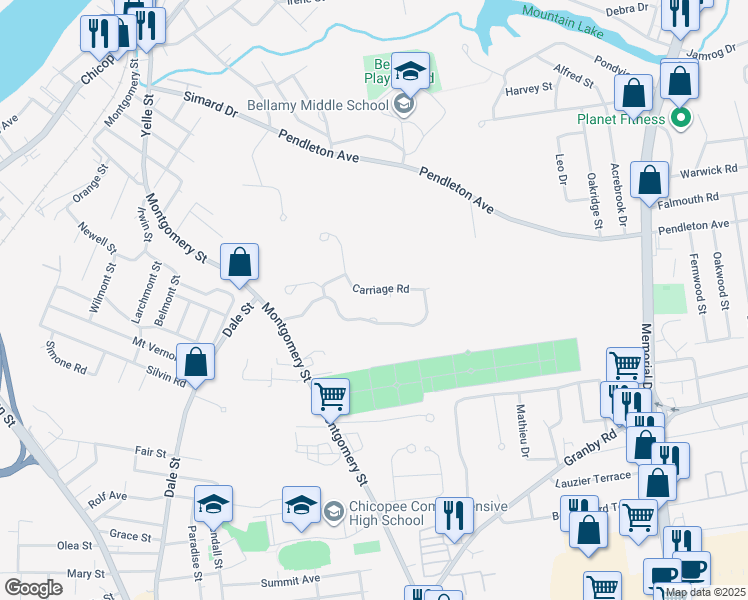 map of restaurants, bars, coffee shops, grocery stores, and more near 102 Carriage Road in Chicopee