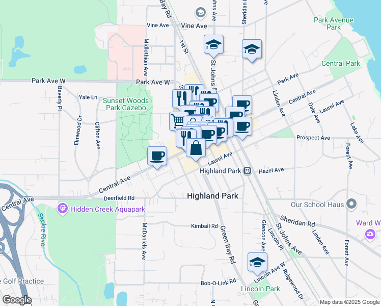 map of restaurants, bars, coffee shops, grocery stores, and more near 696 Central Avenue in Highland Park